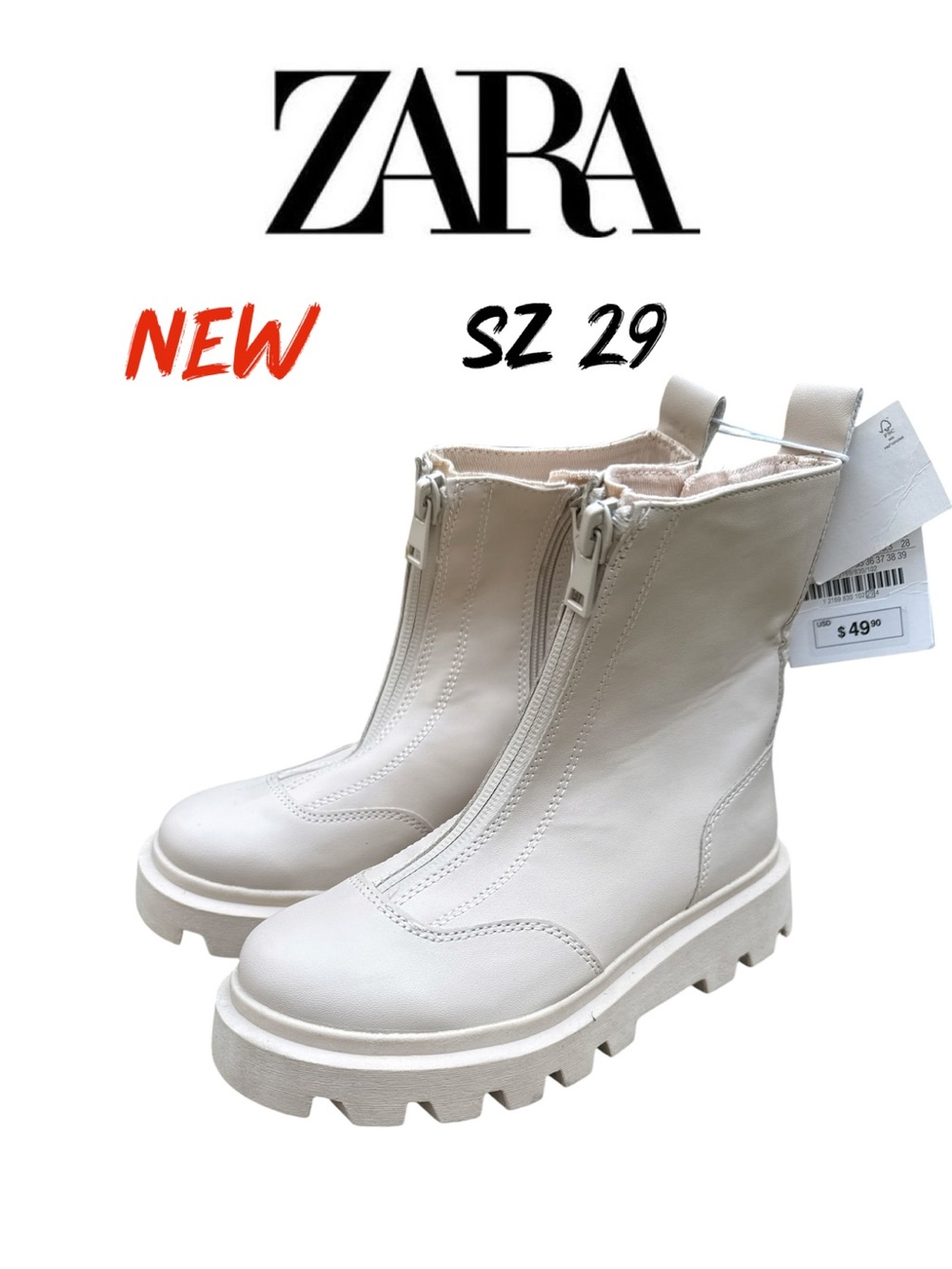 NWT Zara Kids Ankle Boots Cream Ecru Front Zip Chunky Lug Sole Sz 29 / US 12